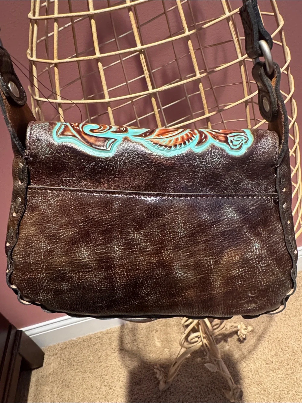 Patricia Nash Rose Tooled Floral Leather Crossbody Bag - Brown & Turquoise NWT